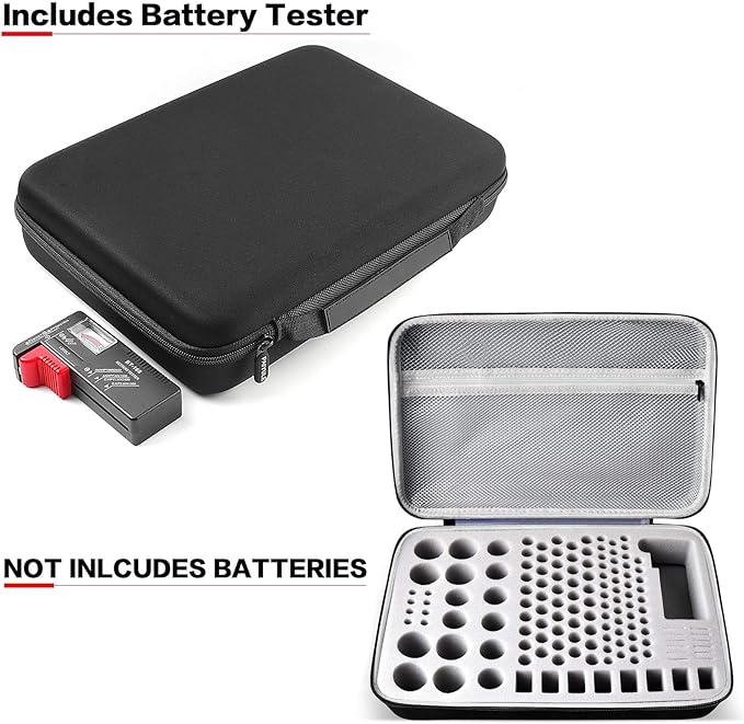 Battery Storage Organizer Box with Tester BT-168, Variety Case Holds 140+ AA, AAA, C, D, 9V, Lithium 3V Button Batteries- Not Includes Batteries(Grey)