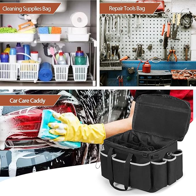 Extra-Large Detailing Bag with Waterproof EVA Hard Bottom, Auto Detail Supplies Organizer for Polisher, Bottles & Detailing Kit, Car Care Tools Tote with Lid & Shoulder Strap, Patent Design