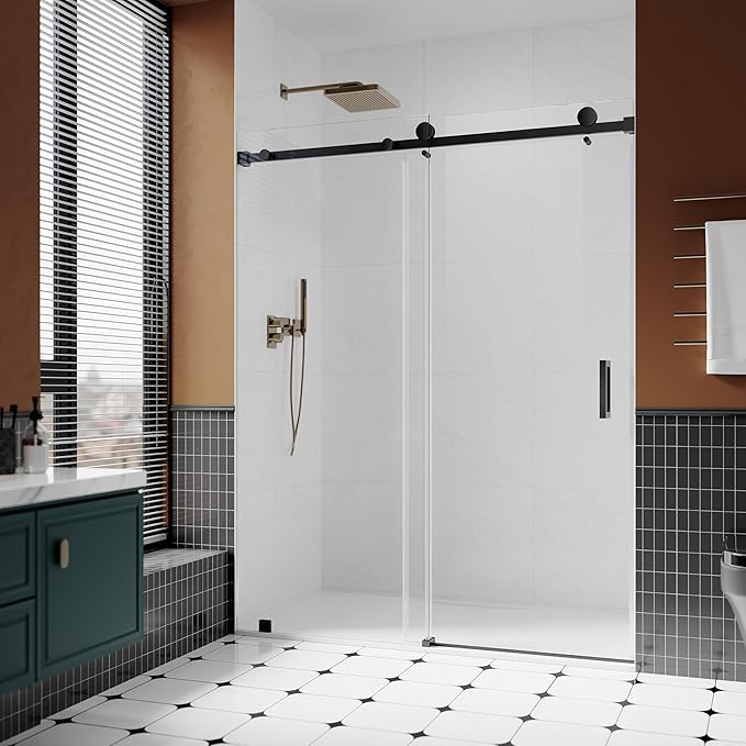 3/8" (10mm) Sliding Glass Shower Door, 61-65" W x 76" H Frameless Bathroom Door with Easy-Cleaning Coating,Matte Black