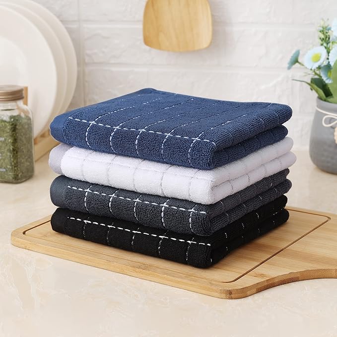 Homaxy 100% Cotton Terry Kitchen Towels(Multiple Color, 13 x 28 inches), Checkered Designed, Soft and Super Absorbent Dish Towels, 4 Pack