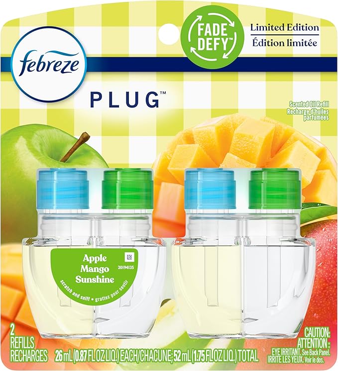 Febreze Plug In Air Freshener, Odor-Fighting Scented Oil Refill, Apple Mango Sunshine Scent, 2 Refill