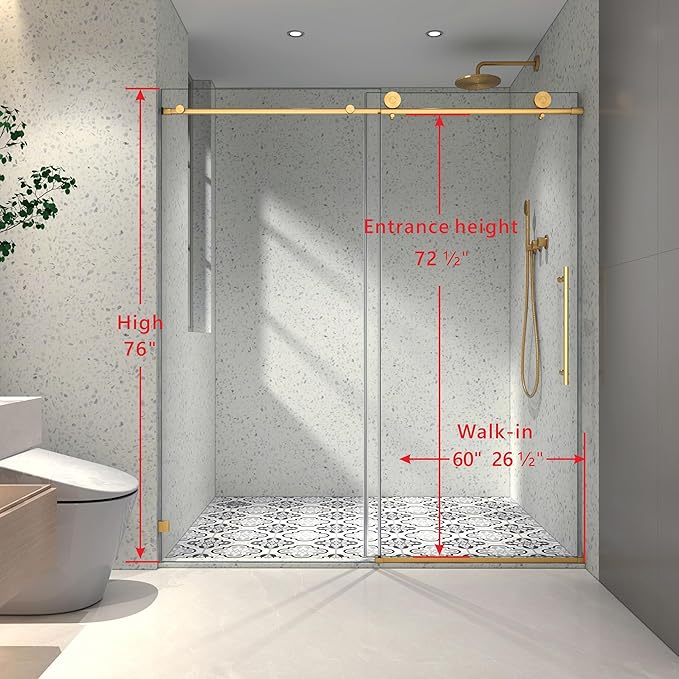 Favfurish Single Sliding Shower Door,55"-60" W x 76" H Frameless Shower Door with 5/16" (8mm) Thick SGCC Tempered Glass W/Adjustable Soft Closing,Bathroom Glass Door for Spa（Brushed Gold）