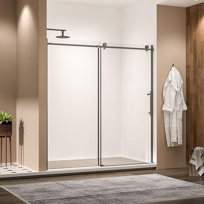 Frameless Sliding Shower Door 56-60" W x 76" H, 1/4" Tempered Glass Matte Black Reversible Single Bypass Sliding Design with Stainless Steel Rollers Soft-Close Waterproof Seal for Modern Bathroom