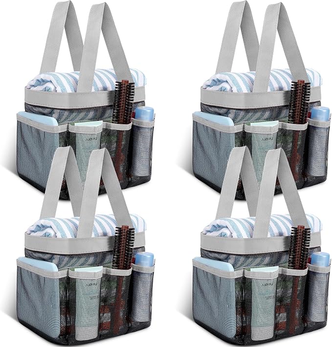 Hillban 4 Pcs Mesh Shower Caddy Portable Large Quick Dry Shower Caddy Basket with Deeper 8 Pockets and 2 Handles Hanging Bag for College Dorm Room(Gray)