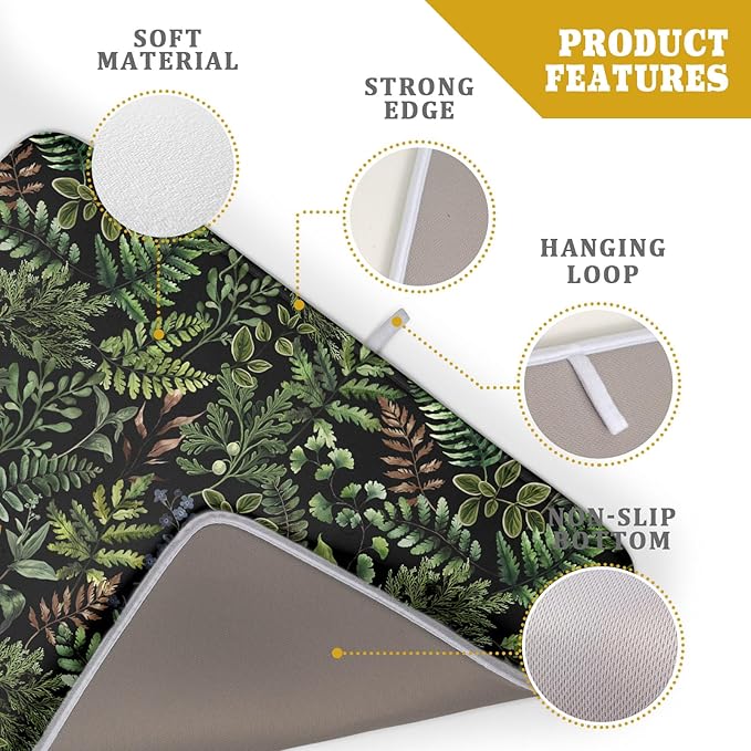 Black Sage Green Plant Dish Drying Mat for Kitchen Counter,Vintage Botanic Fern Leaves Floral Drying Mat 18 x 24 Inch with Absorbent Reversible Microfiber Drying Pad for Coffee Bar