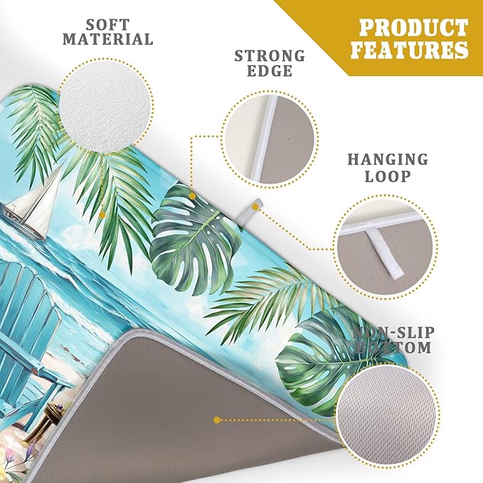 Spring Summer Sea Chair Dish Drying Mat for Kitchen Counter,Coastal Beach Palm Leaf Flowers Drying Mat 18 x 24 Inch with Absorbent Reversible Microfiber Drying Pad for Coffee Bar