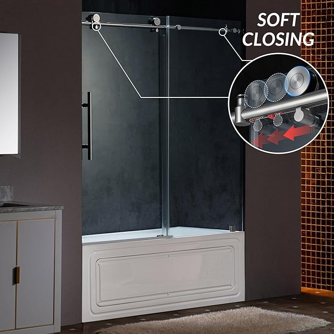 Woodbridge Frameless Single Sliding Shower Doors in Polished Chrome Finish, 57.5-60" Width x 62" Height with 3/8"(10mm) Clear Tempered Glass, Soft Close System and Explosion-Proof Film, BSDC6062-C