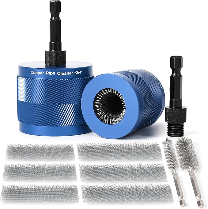 1/2" & 3/4" Copper Pipe Cleaner Set for Drill, with 1/4" Hex Shank & 6 Brush Blades & 2 Pipe Cleaning Brush, Plumbing Tools for Removing Rust, Stains & Paint from Copper & Metal Pipes, Blue