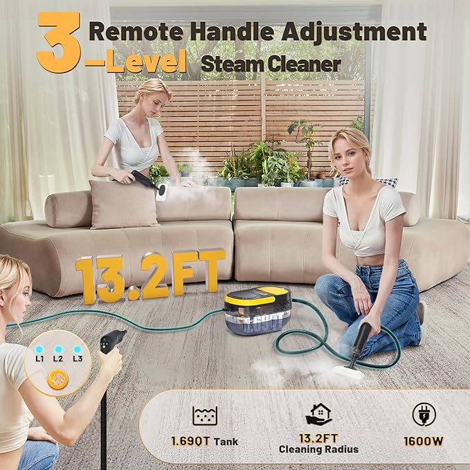 Gautye Steam Cleaner, 3-Level Adjustable Handle, 15s Heat-Up, 1.69 Quarts Tank, Portable Steamer for Cleaning with 11 pcs Accessories, Steam Cleaner for Home for Dirt, Grease, Grout