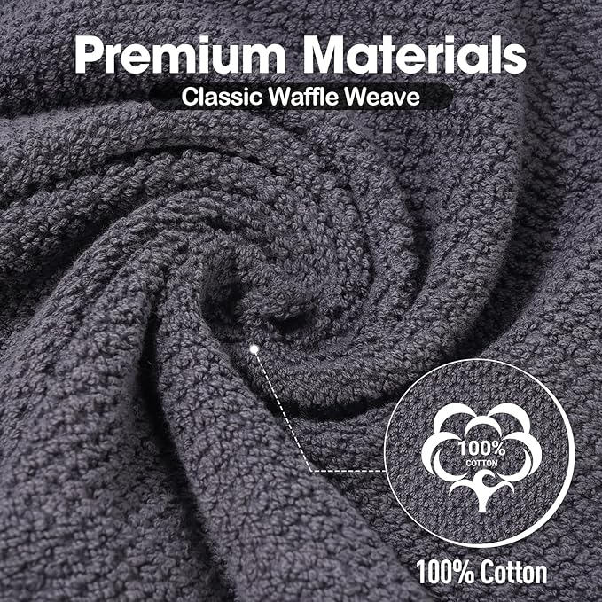 100% Cotton Waffle Weave Kitchen Dish Cloths, 6-Pack 12x12 Inch Dark Grey Ultra Soft Absorbent Quick Drying Dish Towels for Drying Dishes & Cleaning, 6 Colors