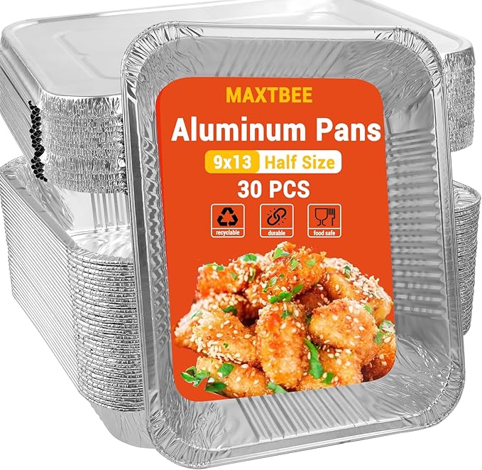 Aluminum Pans Foil Pans with Lids, 30 Pack 9x13 Disposable Trays Half Size Heavy Duty Steam Table Tin Foil Trays Food Containers For Cooking, Heating, Meal Prep, Baking, Roasting