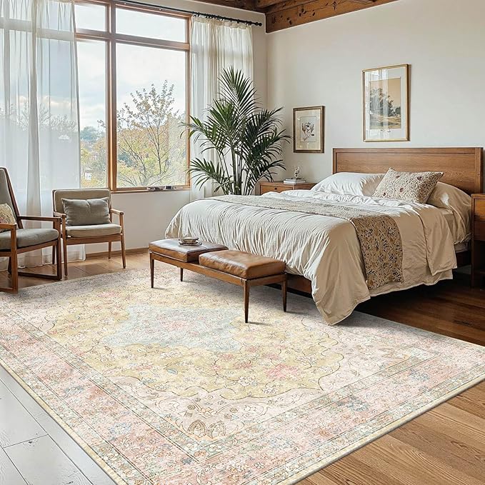 4x6 Area Rugs for Living Room, Bedroom, Small Washable Orange Rugs, Entryway Non Slip Rug, Neutral Floral Vintage Boho Soft Indoor Carpet for Nursery, Bathroom, Office