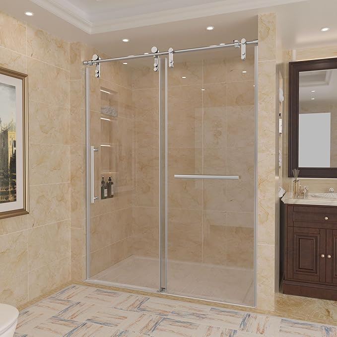 56-60" W x 76" H Frameless Shower Door,Sliding Shower Door with 5/16"(8mm) Clear SGCC Tempered Glass,Glass Shower Door w/Seal Strip Parts and Handle,Stainless Steel Hardware,Silvery