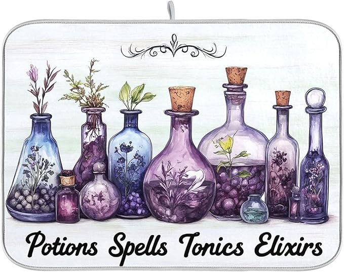 Halloween Potions Dish Drying Mat for Kitchen Countertop 18x24 Witch Herbs Purple Spooky Large Drying Mat Reusable Quick Dry Dish Sink Mats Easy Clean Decorative Essentials