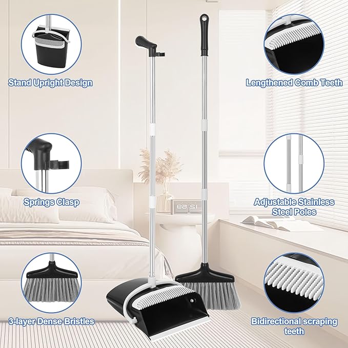 Broom and Dustpan Set Lightweight Lobby Broom and Dust Pan Combo with Long Handle Outdoor Indoor for Home Kitchen Room Office