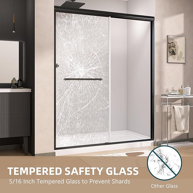 GETPRO Shower Door 56-60 in. W x 72 in. H Semi-Frameless Double Sliding Shower Doors, Bypass Glass Door for Walk-in Shower with 5/16 inch Tempered Glass Matte Black
