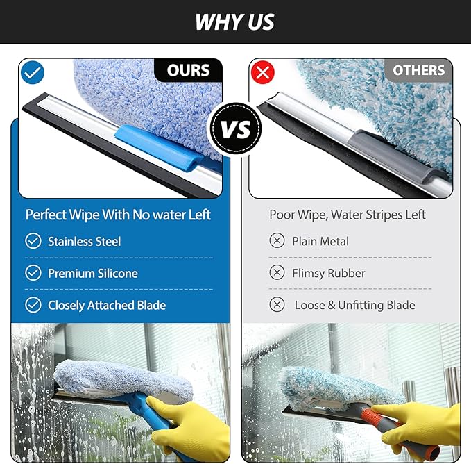 VITEVER Professional 69'' Window Squeegee Cleaner Tool with Extension Pole, 2-in-1 Squeegee for Window Cleaning Kit with Scrubber and Rotating Head, 1 Blade 2 Scrubber