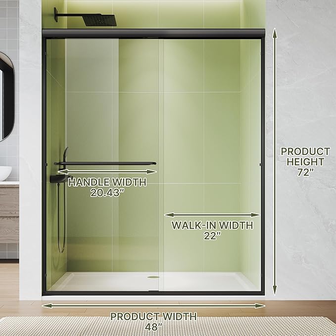 ELEGANT Double Sliding Shower Door 44-48" W x 72" H, Semi-Frameless Bypass Shower Glass Door with Dual Towel Bar Handles, 1/4" Tempered Glass for Walk-in Shower, Matte Black