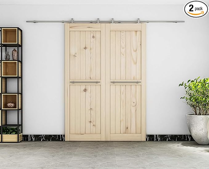 DIYHD 2503SF 10FT Stainless Steel Double Sliding Barn Door Hardware Soft Close Top Mount Roller Brushed Indoor Bi-Parting Wooden Door Sliding Track