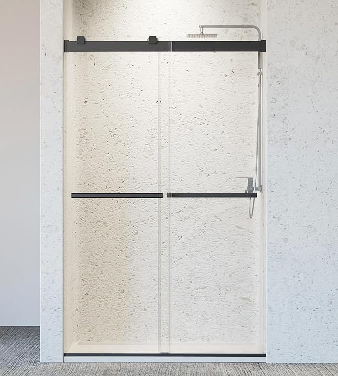 46-48" W x 76" H Soft-Close Frameless Double Sliding Shower Door, Bathroom Shower Glass Doors with 5/16" (8mm) SGCC Tempered Glass and Stainless Steel Handle, Easy to Install, Matte Black
