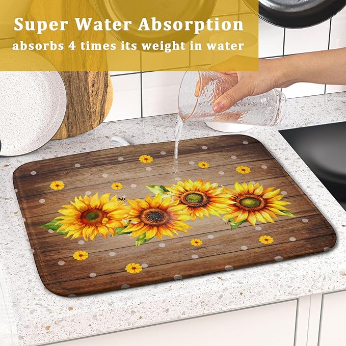 Summer Sunflower Bee Dish Drying Mat for Kitchen Counter,Rustic Yellow Flowers White Polka Dots Drying Mat 16 x 18 Inch with Absorbent Reversible Microfiber Drying Pad for Coffee Bar
