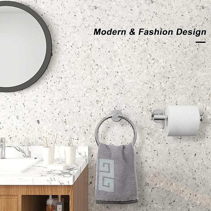 NearMoon 2 Pieces Bathroom Hardware Accessories, Towel Ring and Toilet Paper Holder- Stainless Steel Bath Towel Hanger and Hand Towel Holder, Wall Mounted (Chrome Finish)