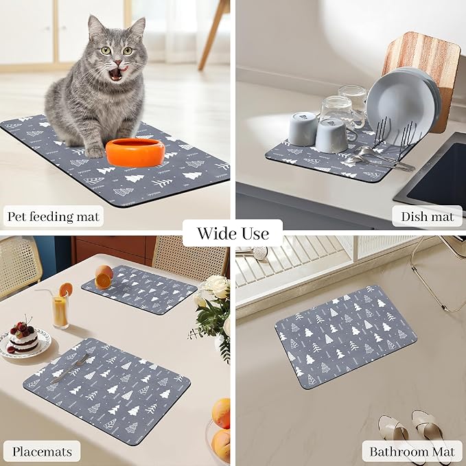Bloss Coffee Mat, Christmas 12"x19" Bar Mat with Waterproof Rubber Backing, Fit Under Coffee Maker Machine/Kitchen Counter/Dish Drying Mat-Grey and Pine