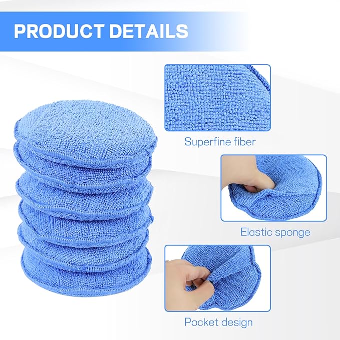 Hovom 6PCS Microfiber Wax Applicator, 5" Round Applicator Pads, Soft Automotive Waxing Foam Pads, Buffing Pads for Car Cleaning, Polishing and Detailing, Reusable Car Wash Sponge (Blue)