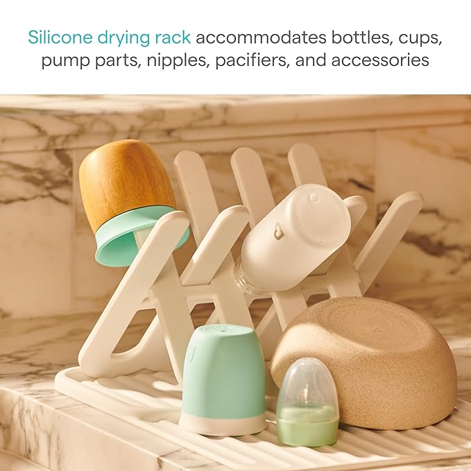 Munchkin Bottle Drying Rack and Mat, Holds 8 Bottles, Pump Parts, Pacifiers, & Accessories, Space Saving Folding Design, Home and Travel Use, Silicone, White