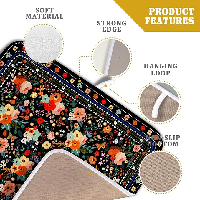 Black Flowers Dish Drying Pad Boho Floral Washable Microfiber Kitchen Mat for Home Decor