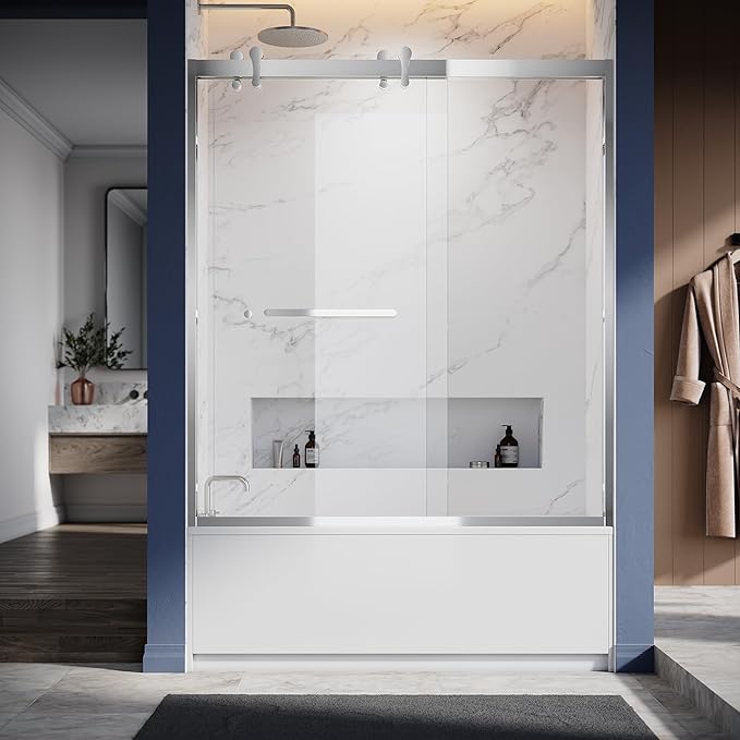 56"-60" W X 66" H Double Sliding Bathtub Door with Frame - Bright Chrome Hardware, 8mm Tempered Glass, Stainless Steel Hanger Rollers, Easy-Cleaning Coating, Through-Glass Towel Bar & Knob