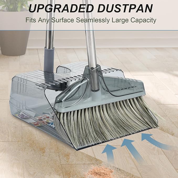 Broom with Dustpan Combo Set, Broom and Dustpan Set with Long Handle, Kitchen Broom for Sweeping Indoor Outdoor, Standing Dust Pan and Brush Broom Set for Home Office Lobby Floor Cleaning, Grey