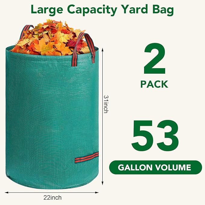 53 Gallons Reusable Yard Waste Bags, 2 Packs Lawn and Leaf Bags With Reinforced Handles, Collapsible Garden bag For Leaves,Grass,Storm Debris,Construction Waste, Standable&Foldable