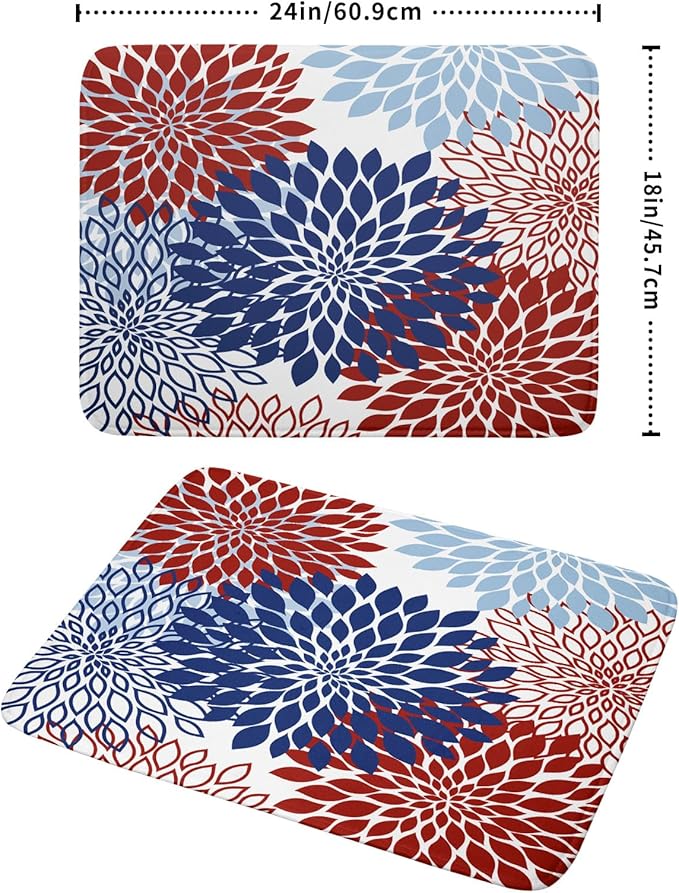 Khope 4th of July Dish Drying Mat for Kitchen Counter 18x24 Inch Patriotic Themed Navy Blue Red White Dahlia Floral Reusable Washable Modern Geometry Flower Drying Pad Countertop Home Decor