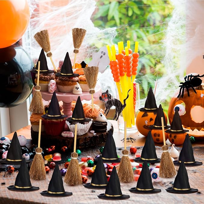 48 Pcs Mini Witch Hats and Broom for Crafts Halloween Wizard Accessories for Party Favors Decor (Black,1.5 Inches)