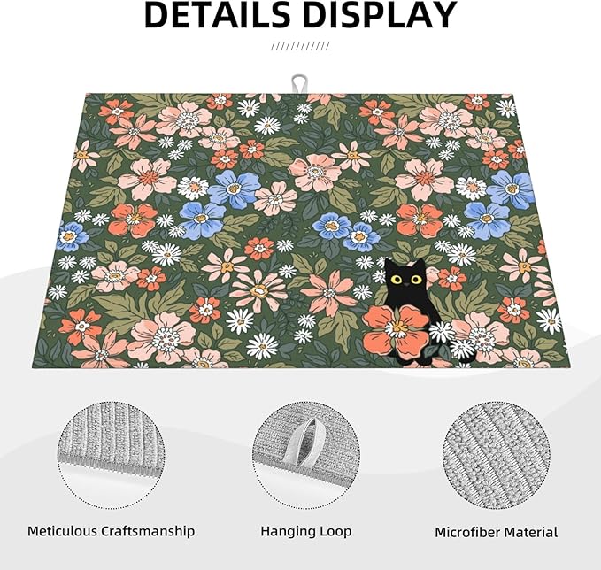 Black Cat Floral Dish Drying Mat For Kitchen Counter Absorbent Large Kitchen Fast Dry Pad Reusable Washable Protector Rack Large Mat 18 X 24