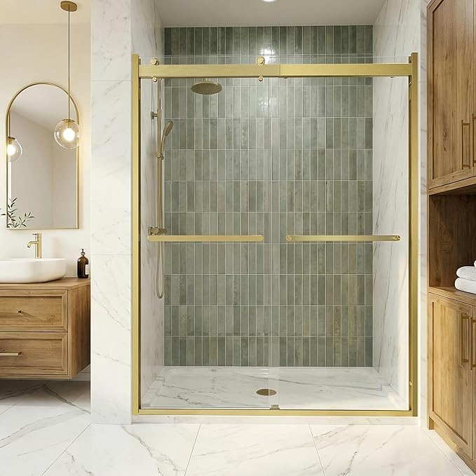 Sliding Shower Door, 48" W x 76" H Semi-Frameless Double Sliding Glass Shower Door with 5/16'' (8mm) Clear ASNI SGCC Tempered Glass, Bypass Shower Enclosure, Brushed Gold
