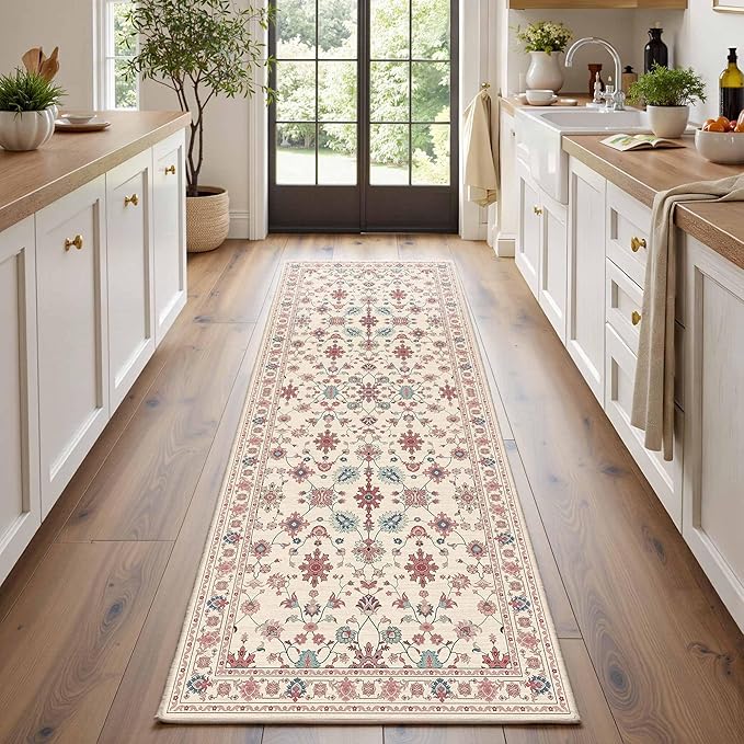 2x6 Floral Runner Rug, Washable Runners for Hallways, Pink Vintage Boho Kitchen Rugs, Non Slip Hallway Runner Carpet for Indoor Hallway, Kitchen, Laundry Room and Bathroom