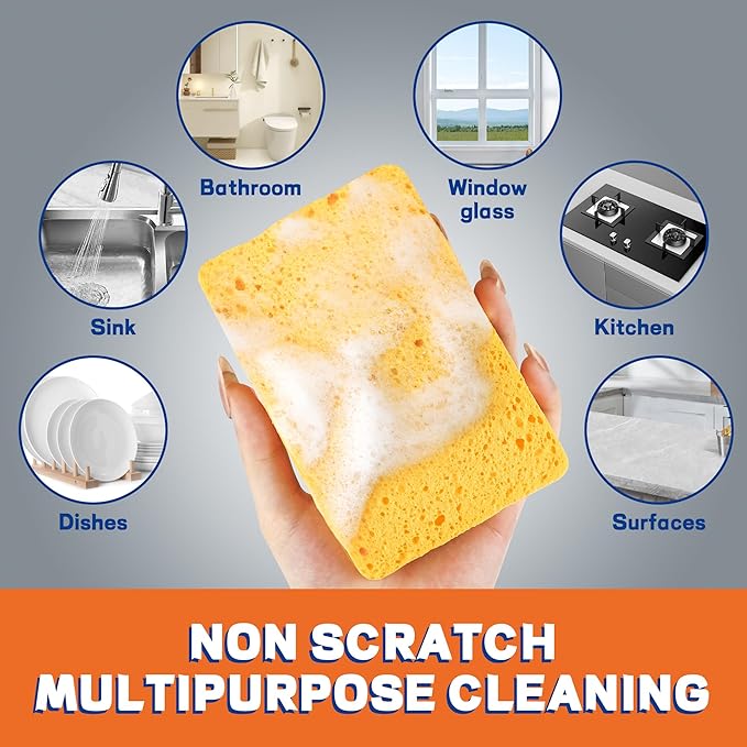 7 Pack Biodegradable Cellulose Pop Up Sponges | Compostable Kitchen Sponges Pack | Gentle Non-Scratch Cleaning for Dishes, Kitchen & Bathroom Surfaces-Yellow