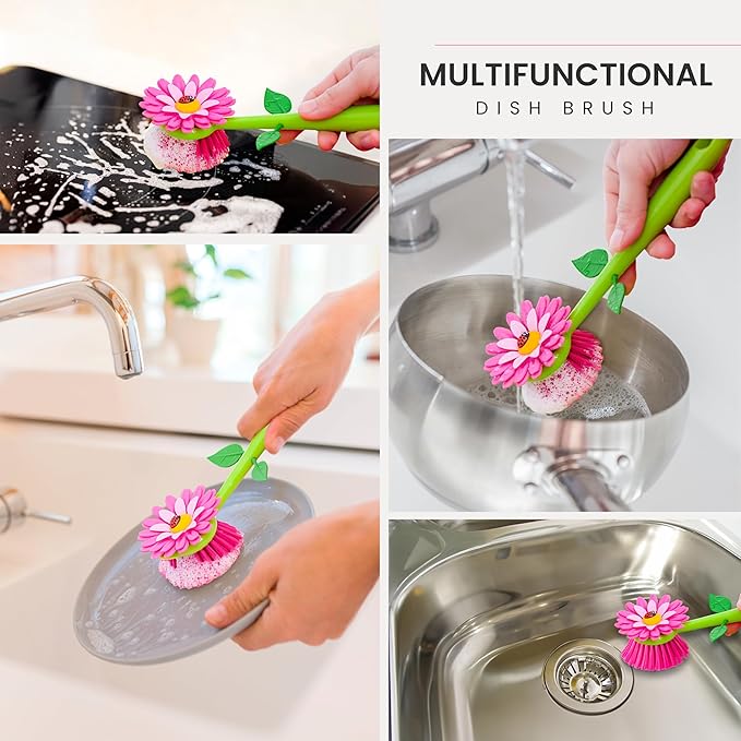 Vigar Flower Power Dish Brush with Handle and Vase Dish Brush Holder, Kitchen Scrub Brush for Pot Scrubber, Dishes, and Sink Cleaning, Pink, Green
