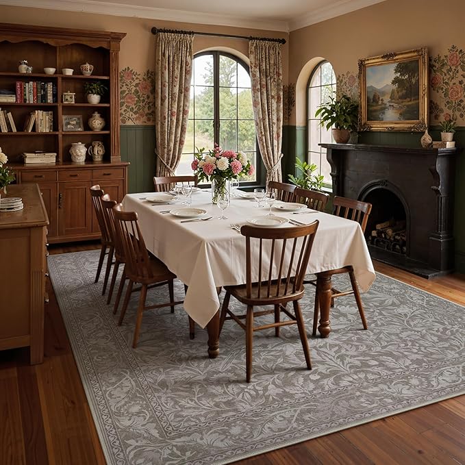 Lahome Bird 9x12 Rugs for Living Room Bedroom, Soft Vintage Washable Rug 9x12 Stain Resistant, Ultra-Thin Non-Slip Dining Room Rug Non-Shedding Carpet for Office,Hemp/Taupe