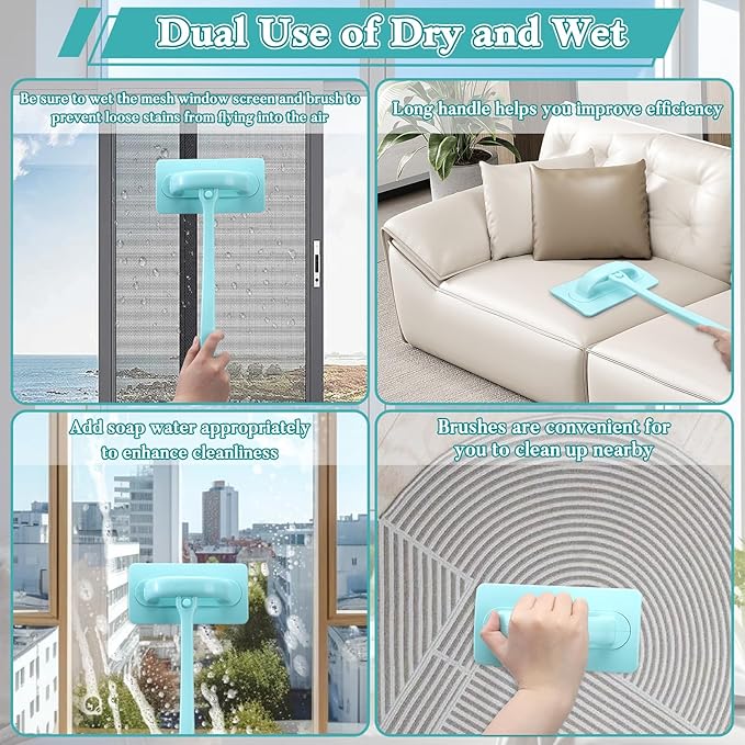 Detachable Window Screen Cleaner Tool with Wet and Dry Dual-Use - All-in-One Mesh Scrubber, Window Track and Groove Cleaning Brush Kit (8 Pack)