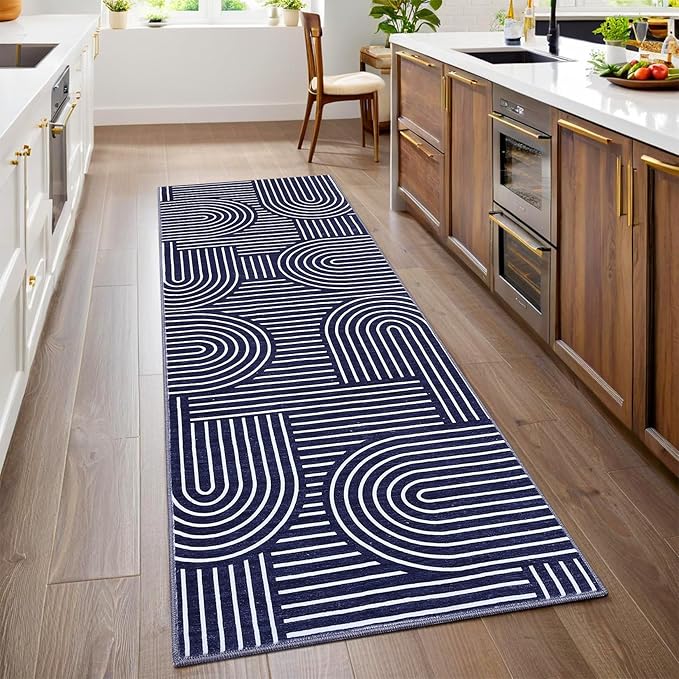 Modern Rug 2.5x8 Runners for Hallways, Abstract Kitchen Runner Rugs Non Slip Bath Runners, Rainbow Washable Runner Rug for Bedroom, Soft Long Rugs for Entryway Bathroom Laundry Dorm, Blue