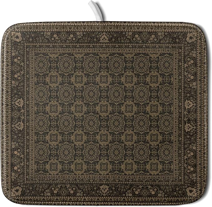 Brown Antique Tabriz Rug Dish Drying Mat for Kitchen Counter,Retro Turkish Vintage Floral Block Print Drying Mat 16 x 18 Inch with Absorbent Reversible Microfiber Drying Pad for Coffee Bar