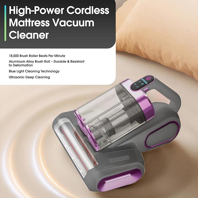 Cordless Handheld Vacuum for Mattress, Sofa & Carpet - Strong Suction, Cleaning Light with Vibration Technology - Portable Bed, Couch, Furniture Cleaner（Grayish Purple）