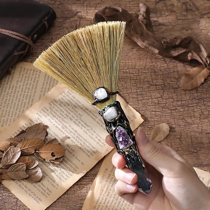 Witchcraft Supplies Witches Broom - Wiccan Decor with Amethyst Clusters Altar Supplies with Fluorite Natural Healing Crystals Hexagonal Points Pagan Decor Reiki Energy Clearing Crafts