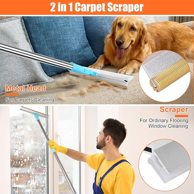 Carpet Rake for Pet Hair Removal, 2 in 1 Pet Hair Remover Tool with Squeegee, Durable Sturdy Dog Cat Hair Rake, 60‘’ Adjustable Handle, 12'' Wide Rake Scraper Carpet Broom for Carpet Rug Mat Cleaning