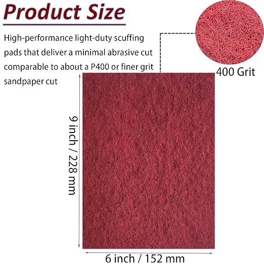 10 Pack 6" x 9" 400 Grit General Purpose Scuff Pads for Scuffing, Scouring, Sanding, Paint Primer Prep Adhesion Scratch - Surface Preparation Automotive Car Auto Body Woodworking (Red)