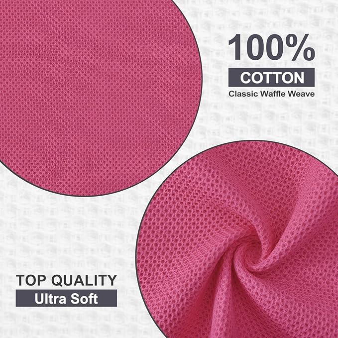 Kitinjoy 100% Cotton Kitchen Dish Cloths (12 X 12 Inches, Hot Pink), 8 Pack Waffle Weave Ultra Soft Absorbent Dish Towels for Drying Dishes Quick Drying Kitchen Towels Dish Rags