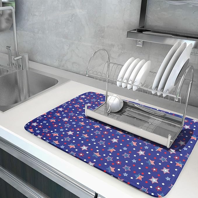 Khope 4th of July Navy Blue Dish Drying Mat for Kitchen Counter 18x24 Inch Memorial Day American Flag Stars Reusable Washable Drying Pad Countertop Home Decor
